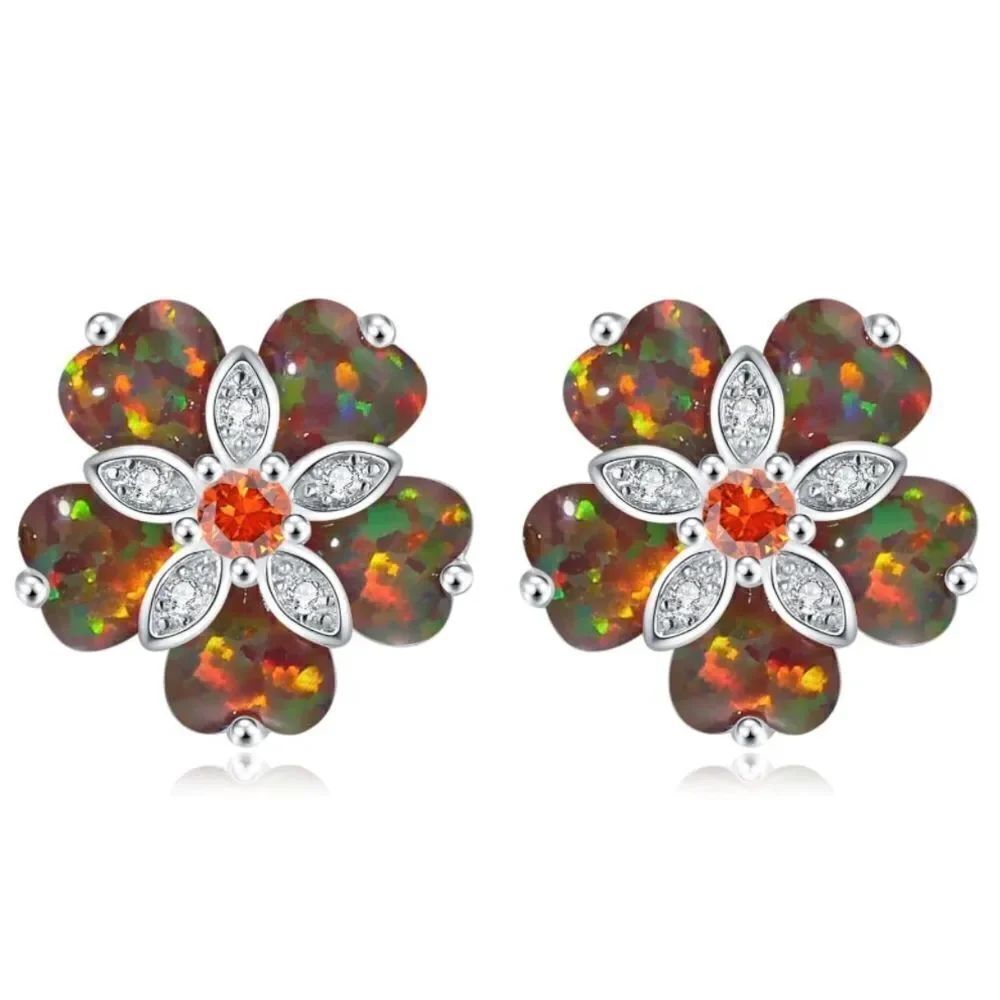 925 Sterling Silver with Black Fire Opals and Orange Topaz Flower Stud Earrings